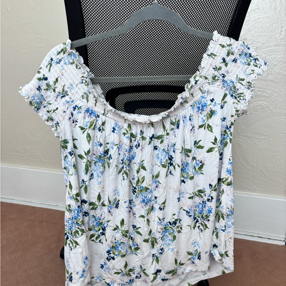 AE Soft and Sexy Floral Off-Shoulder Top - White and Blue